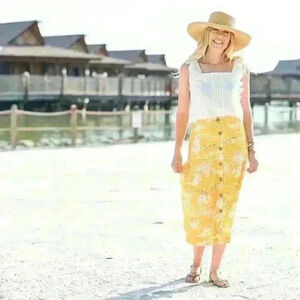 Lc lauren Conrad yellow tropical print tiki button front skirt xl 16-18